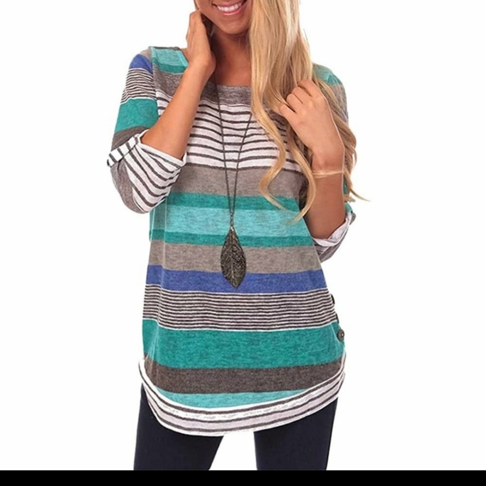 Knitted Fashion Stripe 3/4 Sleeve  Tunic Top